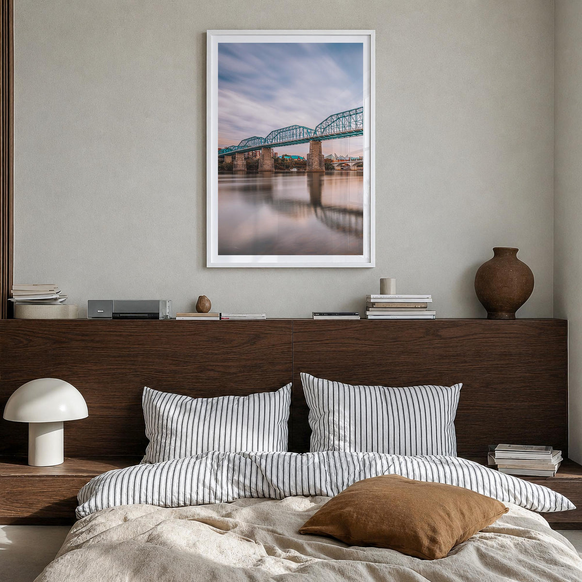 Chattanooga colorful photo poster of Tennessee, USA – vertical wall art in white wood frame with white border, hanging on wal
