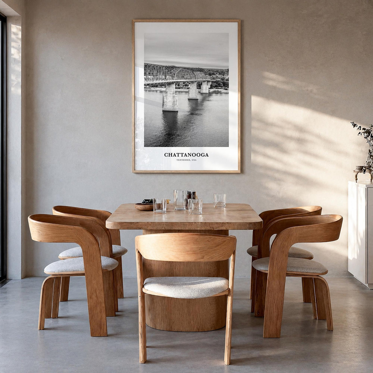 Chattanooga no. 1 black & white classic poster of Tennessee, USA – vertical wall art in natural wood frame, hanging on wall