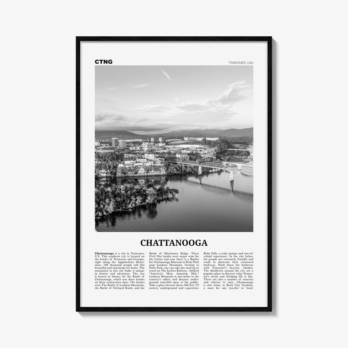 Chattanooga no. 1 black & white newspaper poster of Tennessee, USA – vertical wall art, unframed print shown in interior mock