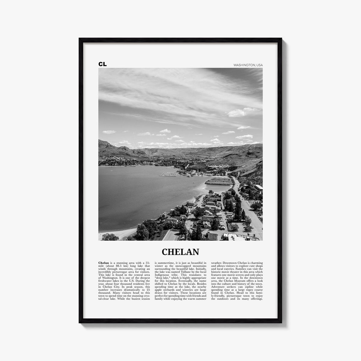 Chelan black & white newspaper poster of Washington, USA – vertical wall art, unframed print shown in interior mockup