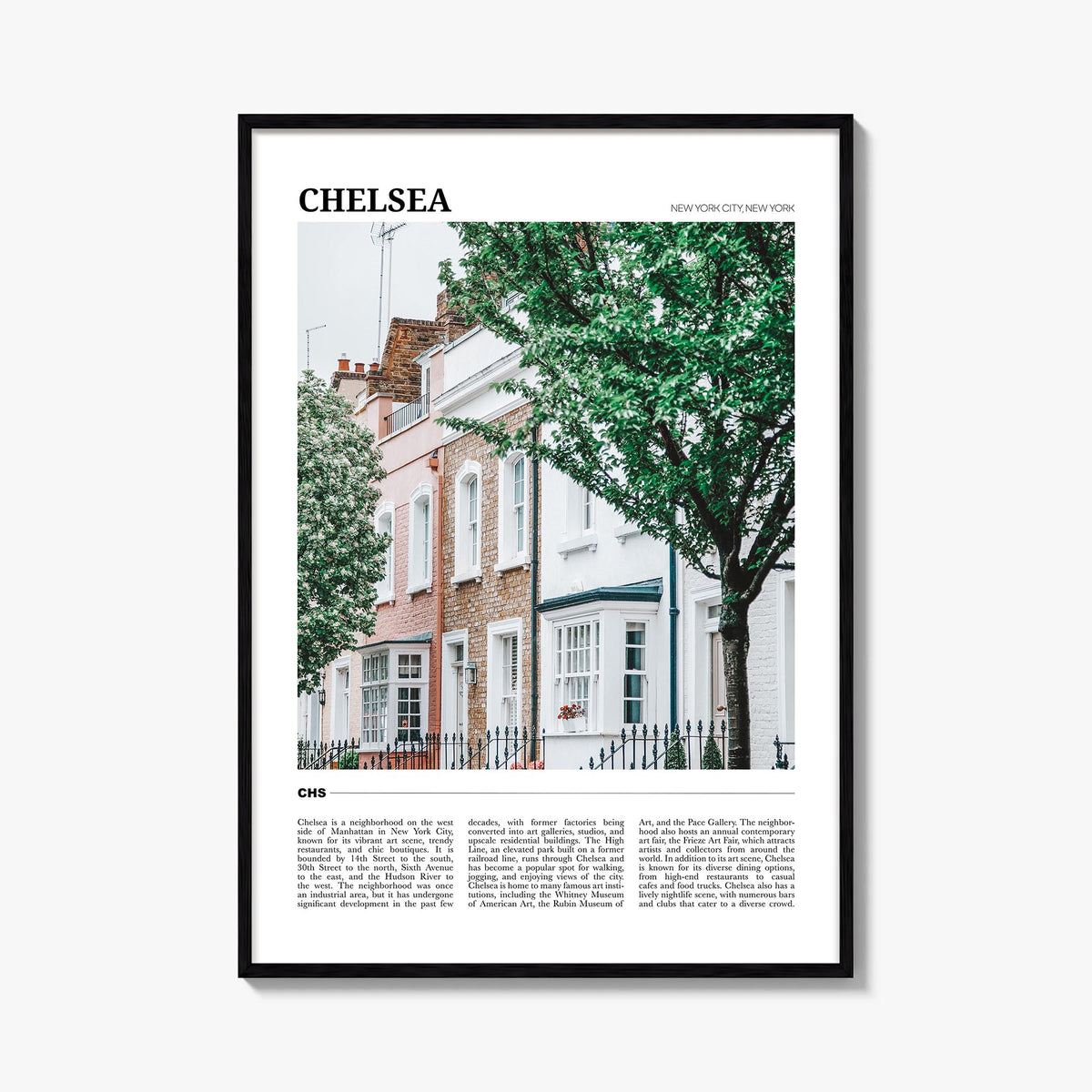 Chelsea, New York colorful travel poster of New York, USA – vertical wall art, unframed print shown in interior mockup