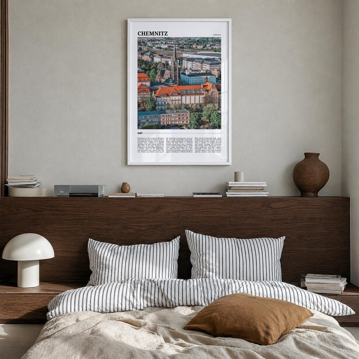 Chemnitz colorful travel poster of Germany – vertical wall art in white wood frame, hanging on wall