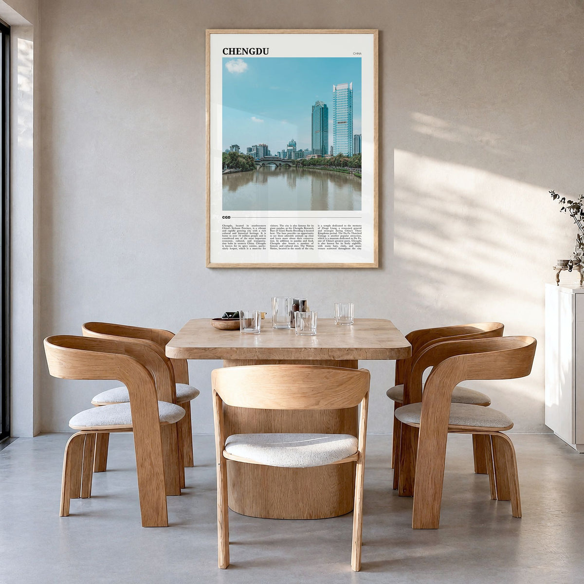 Chengdu Travel No 1 Poster in a natural wood frame, hanging in a dining room