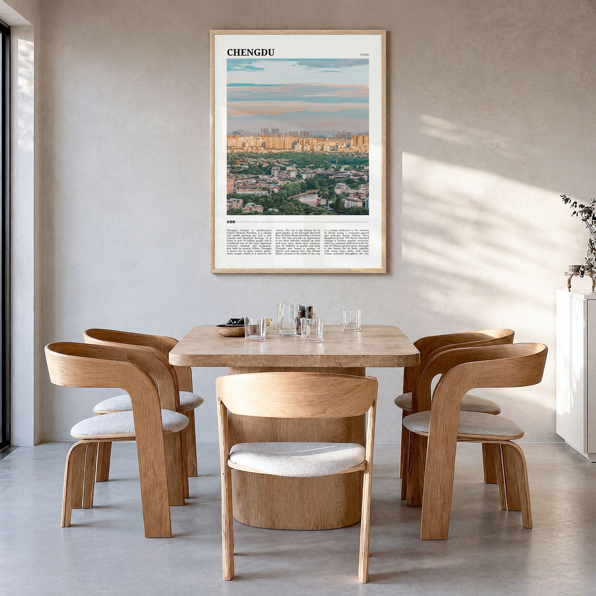 Chengdu Travel No 2 Poster in a natural wood frame, hanging in a dining room