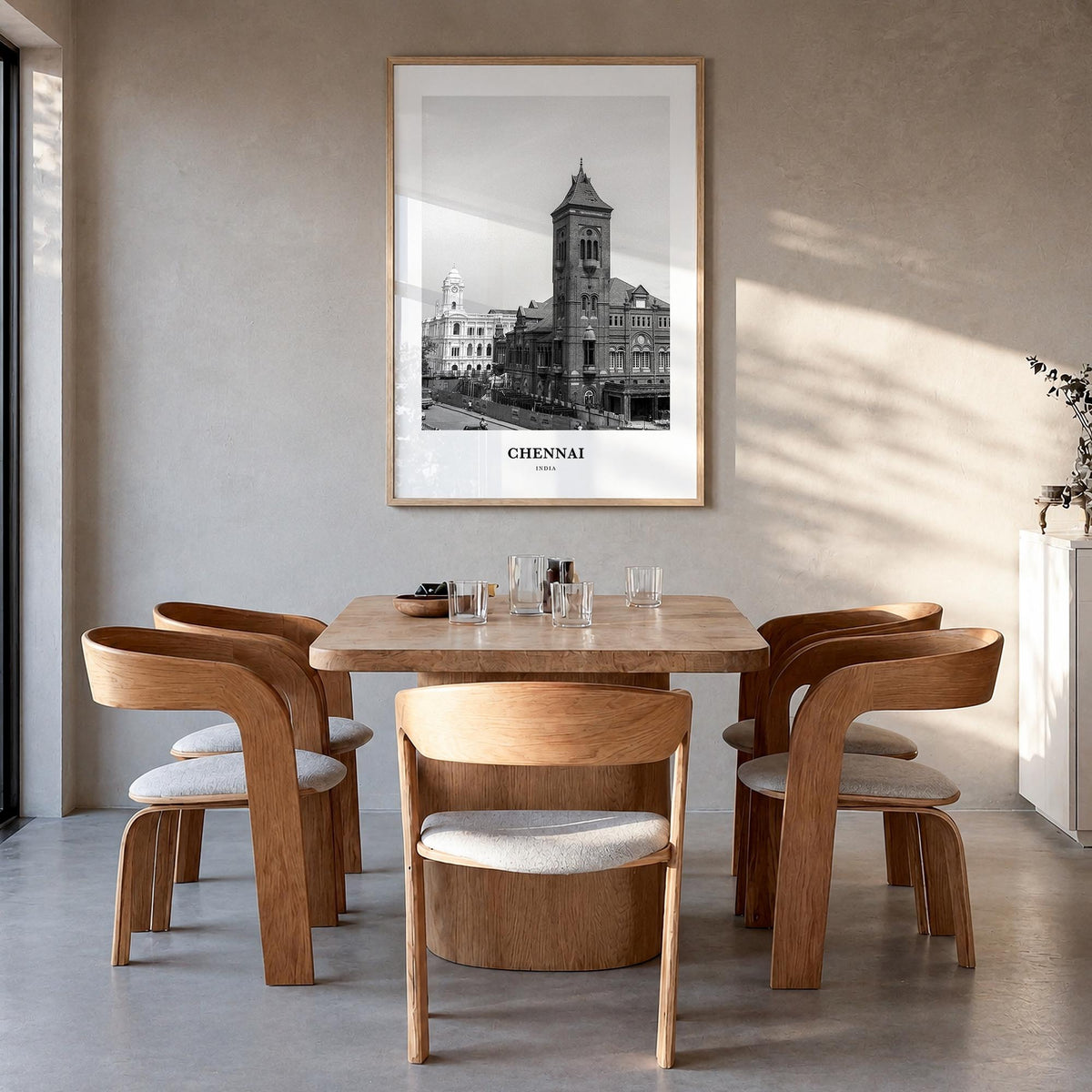 Chennai black & white classic poster of India – vertical wall art in natural wood frame, hanging on wall