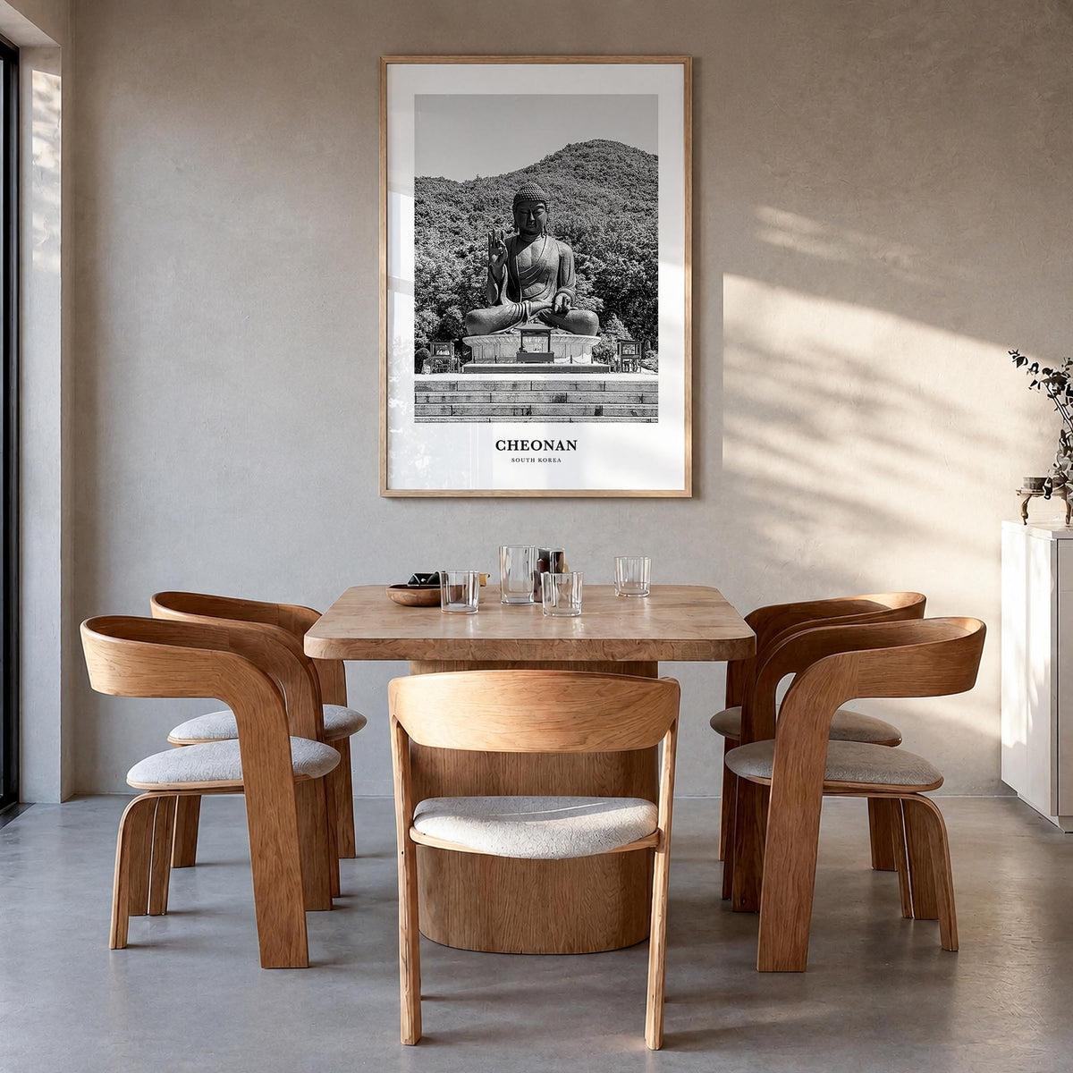 Cheonan black & white classic poster of South Korea – vertical wall art in natural wood frame, hanging on wall