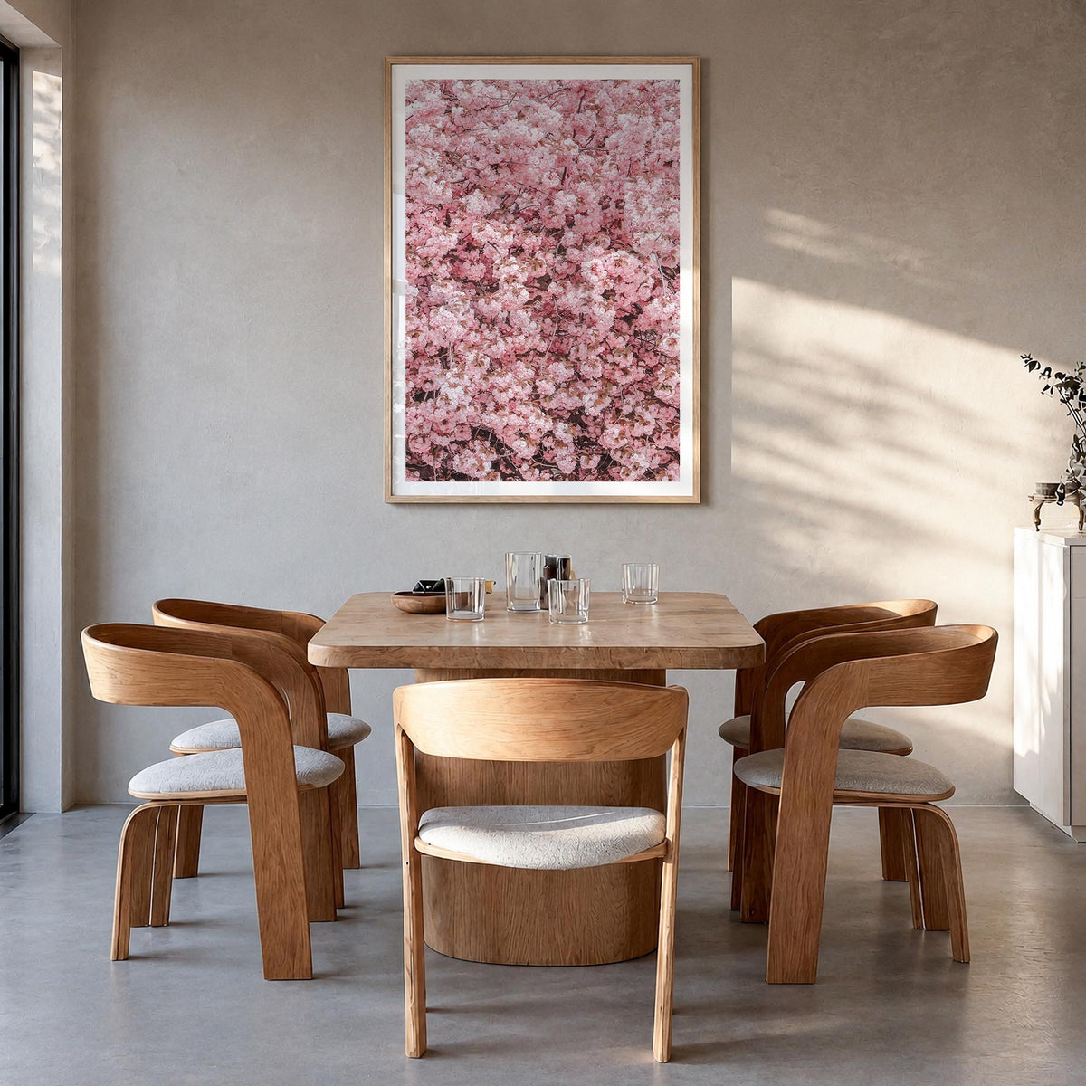 Cherry Blossoms no. 2 colorful photo poster – vertical wall art in natural wood frame with white border, hanging on wall