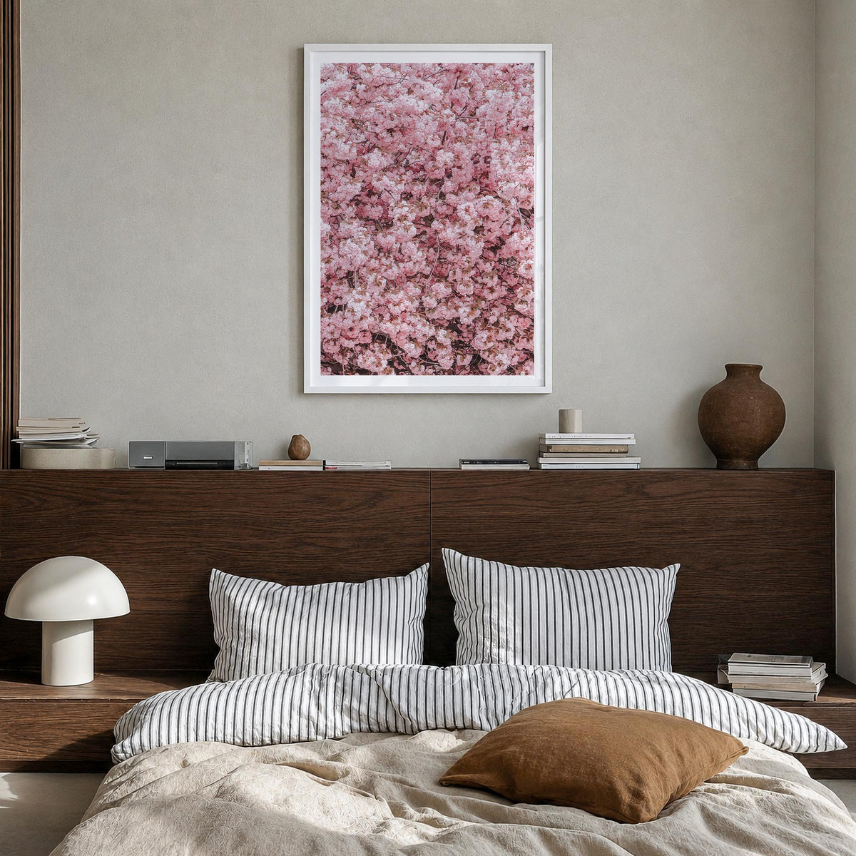 Cherry Blossoms no. 2 colorful photo poster – vertical wall art in white wood frame with white border, hanging on wall