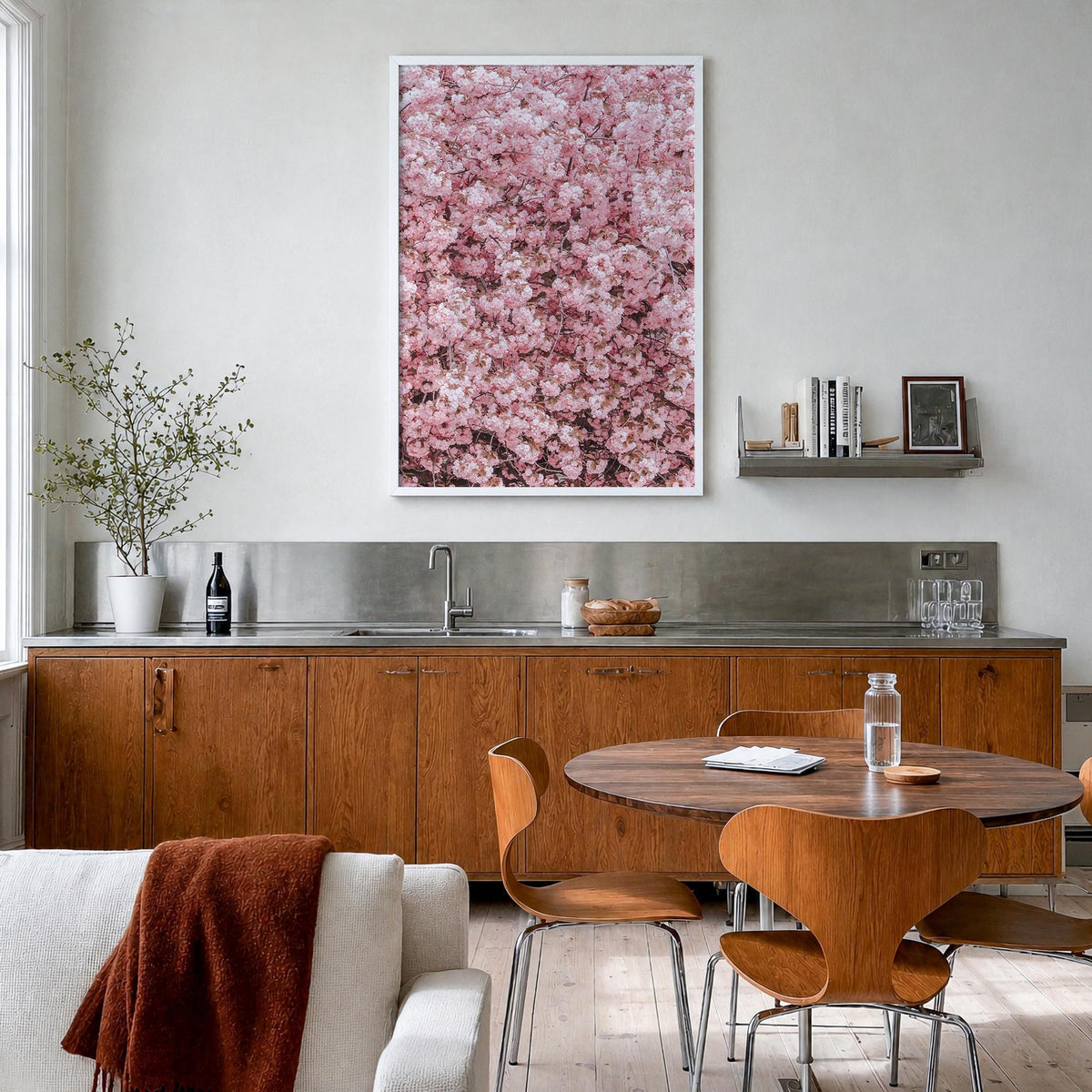 Cherry Blossoms no. 2 colorful photo poster – vertical wall art in white wood frame, hanging on wall