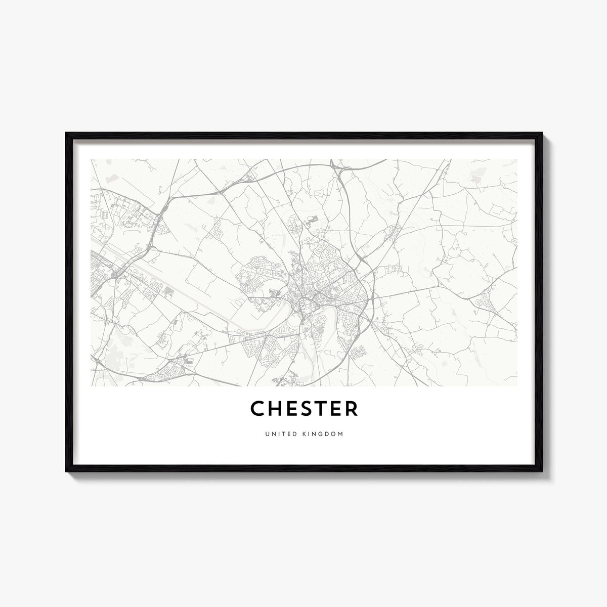 Chester black & white map poster of England, UK – horizontal wall art, unframed print shown in interior mockup