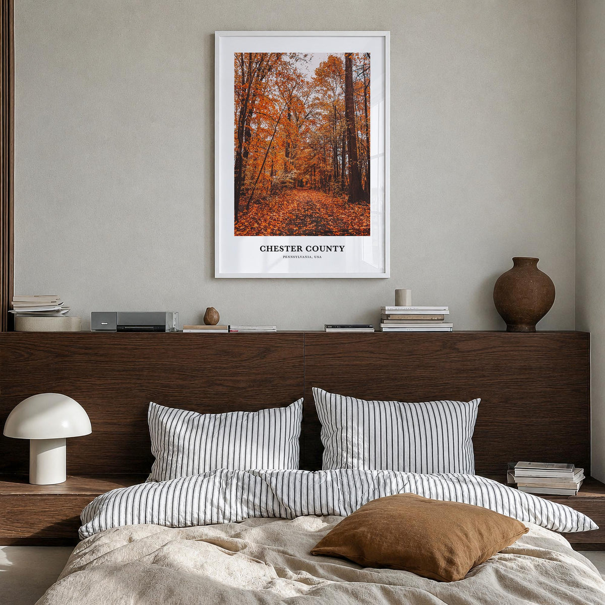 Chester County colorful classic poster of Pennsylvania, USA – vertical wall art in white wood frame, hanging on wall