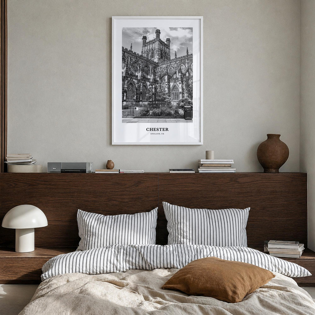 Chester no. 2 black & white classic poster of England, UK – vertical wall art in white wood frame, hanging on wall