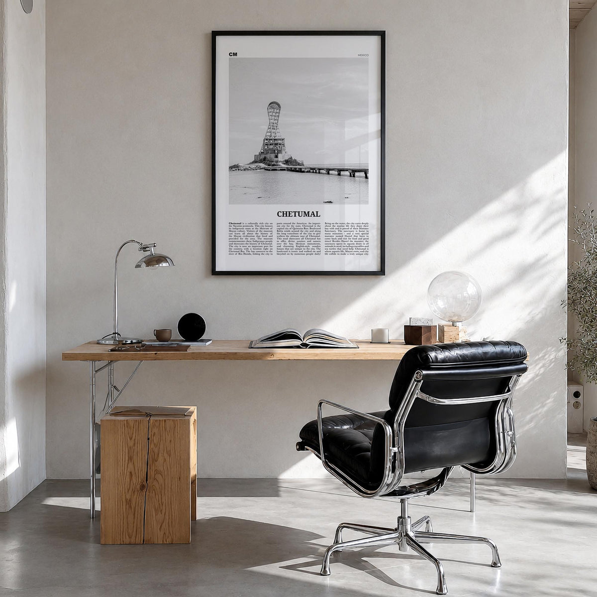 Chetumal black & white newspaper poster of Mexico – vertical wall art in black wood frame, hanging on wall