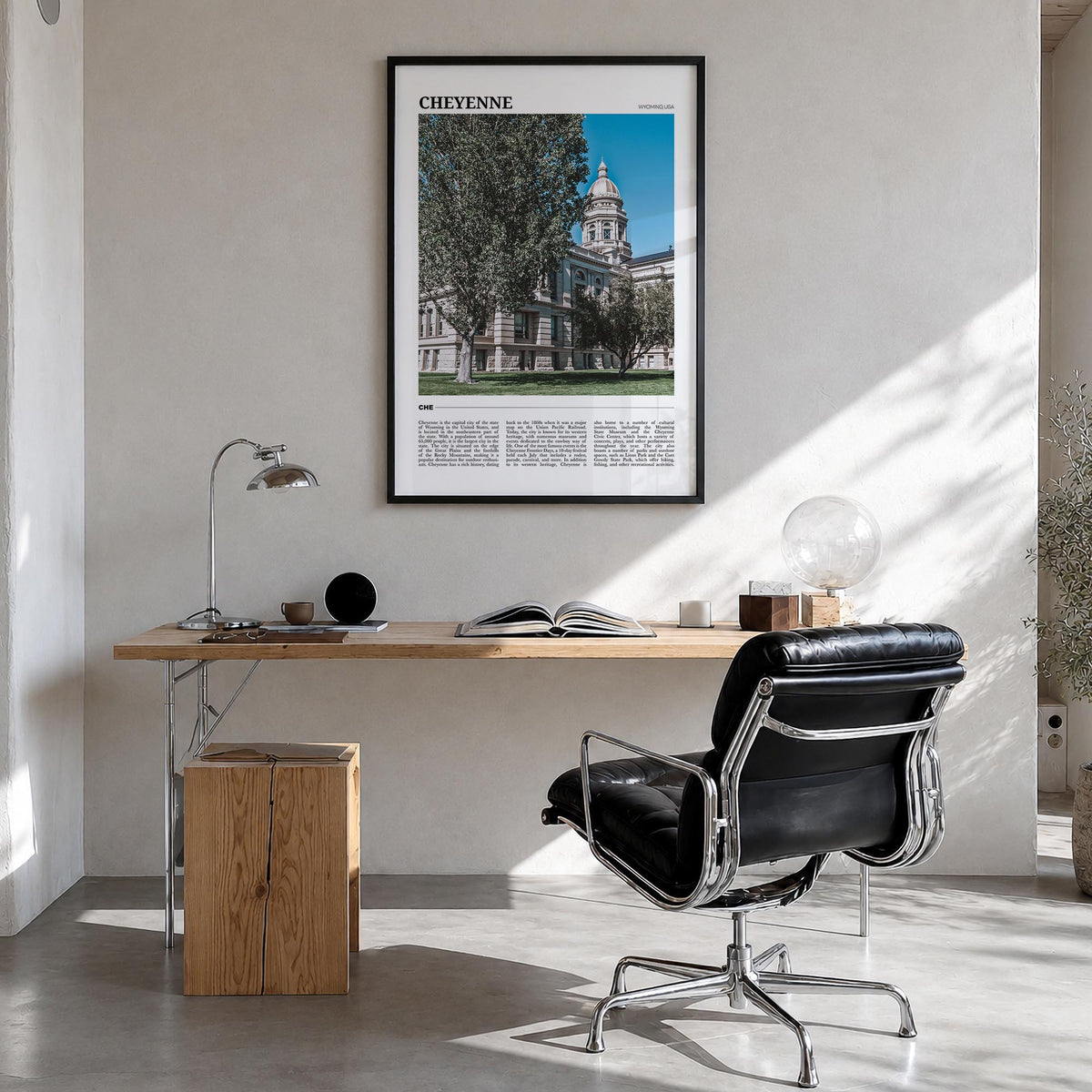 Cheyenne colorful travel poster of Wyoming, USA – vertical wall art in black wood frame, hanging on wall