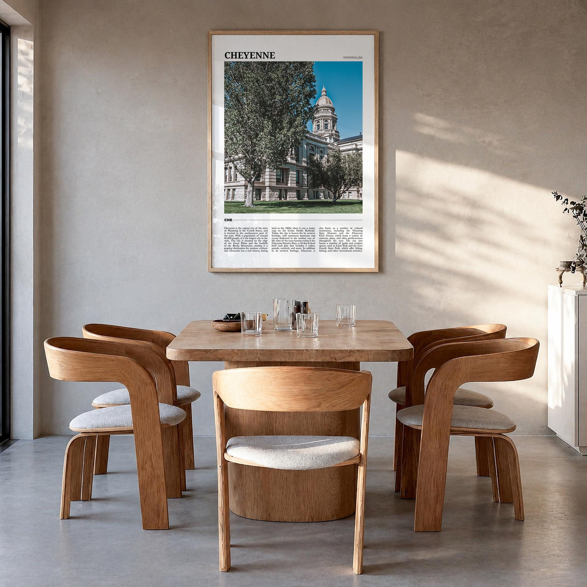 Cheyenne colorful travel poster of Wyoming, USA – vertical wall art in natural wood frame, hanging on wall