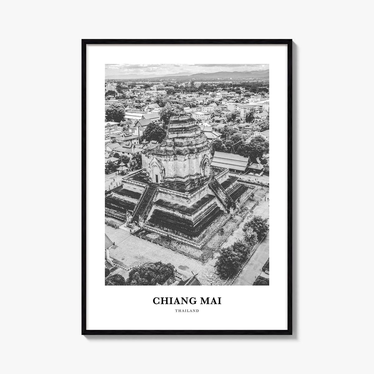 Chiang Mai black & white classic poster of Thailand – vertical wall art, unframed print shown in interior mockup