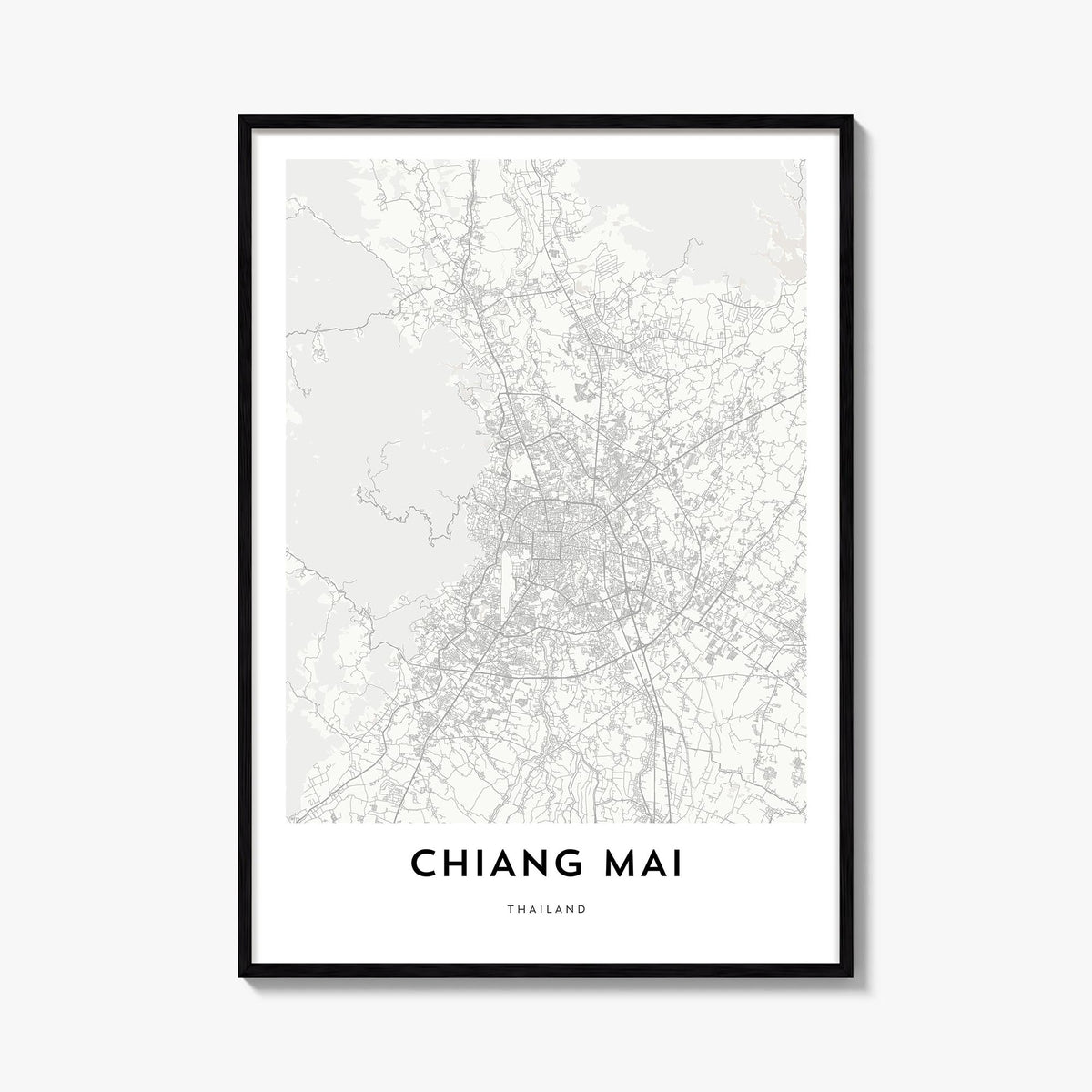 Chiang Mai black & white map poster of Thailand – vertical wall art, unframed print shown in interior mockup