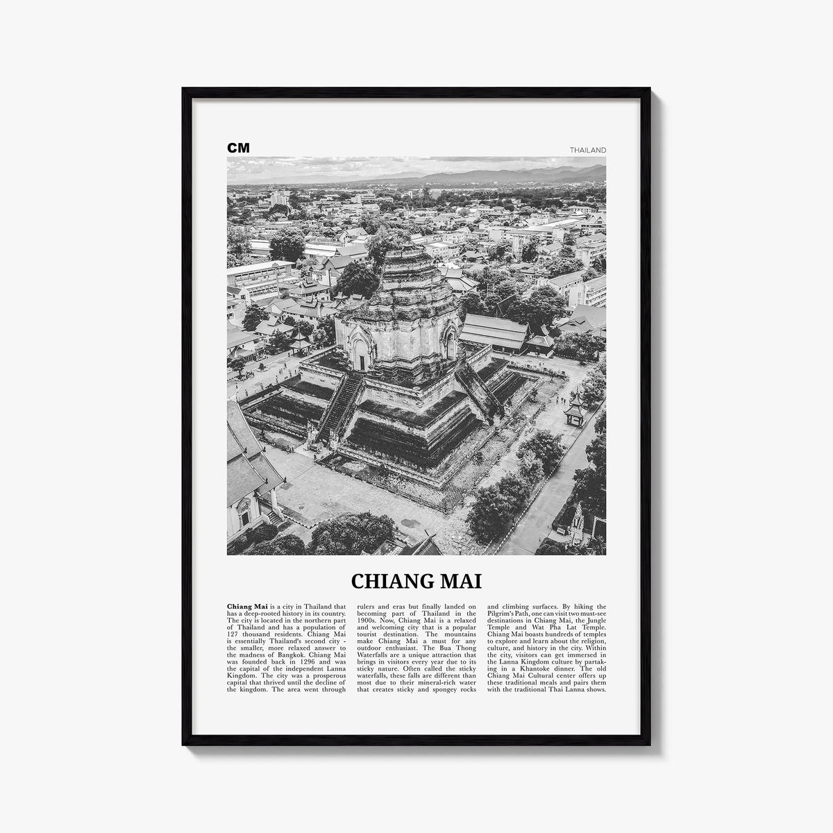 Chiang Mai black & white newspaper poster of Thailand – vertical wall art, unframed print shown in interior mockup