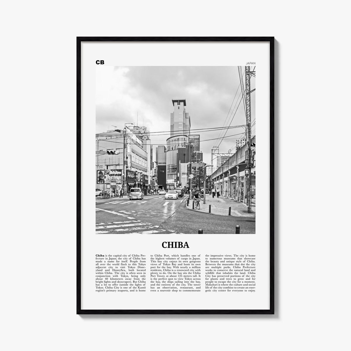 Chiba black & white newspaper poster of Japan – vertical wall art, unframed print shown in interior mockup