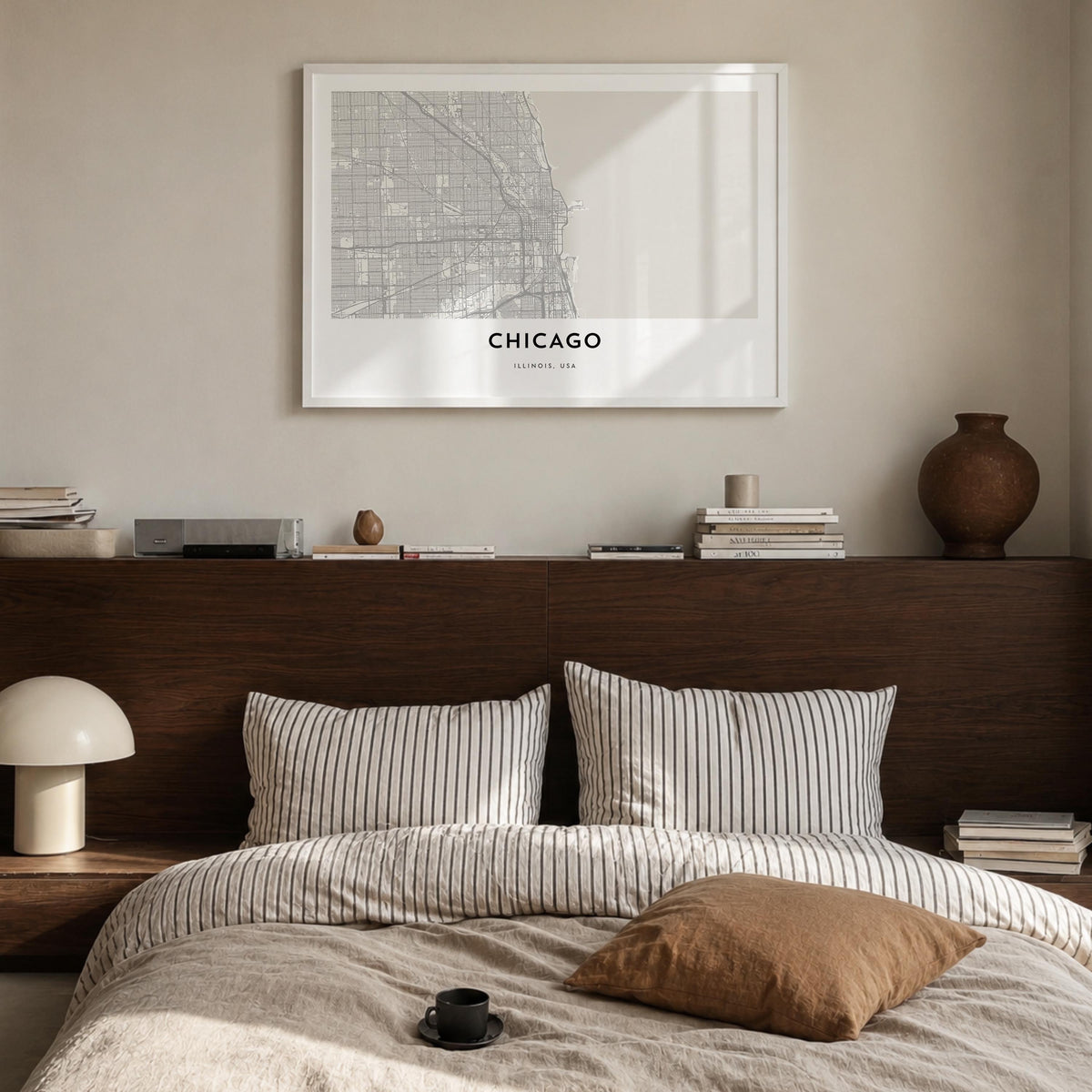 Chicago black & white map poster of Illinois, USA – horizontal wall art in white wood frame, hanging on wall