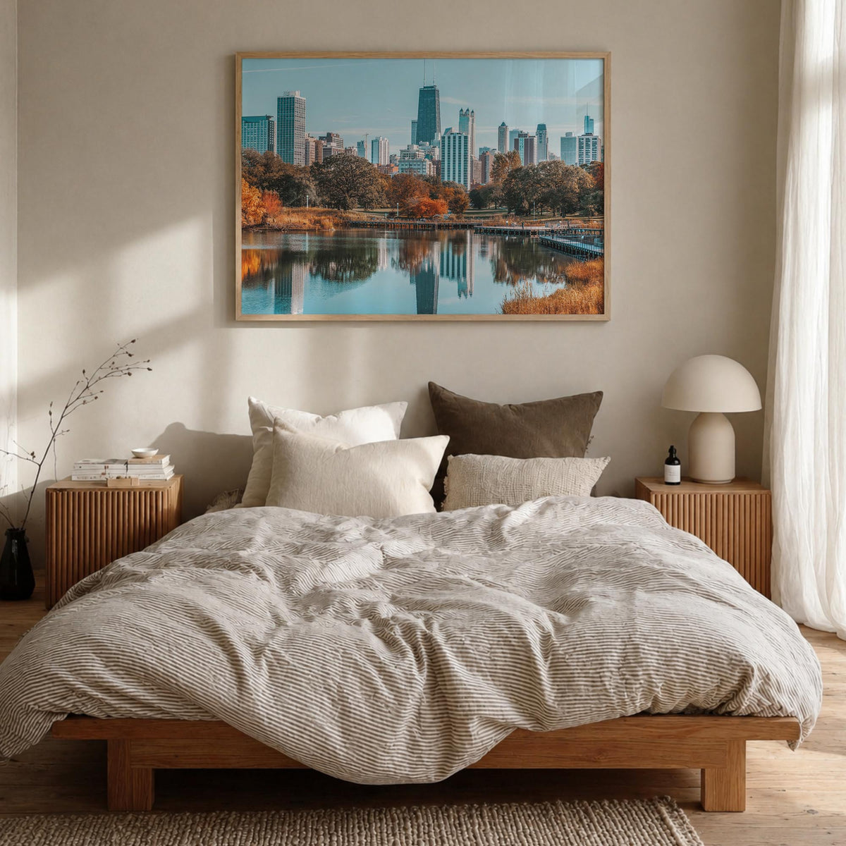Chicago colorful photo poster of Illinois, USA – horizontal wall art in natural wood frame, hanging on wall