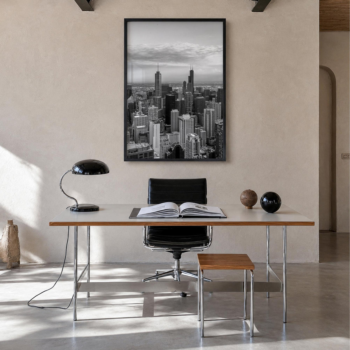 Chicago no. 1 black & white photo poster of Illinois, USA – vertical wall art in black wood frame, hanging on wall
