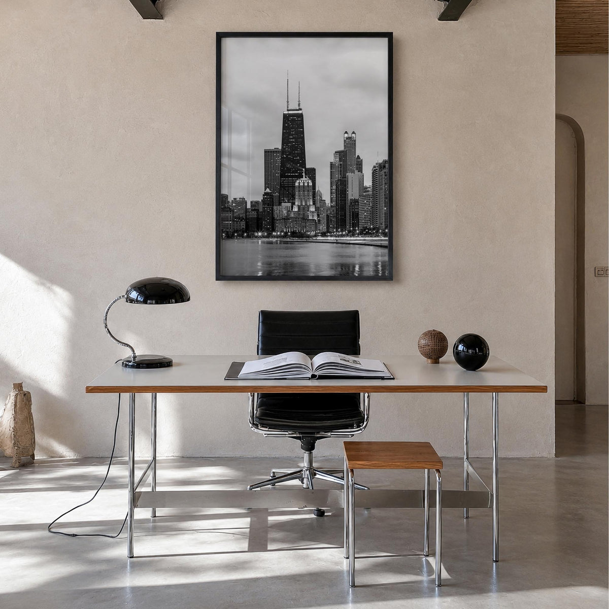 Chicago no. 2 black & white photo poster of Illinois, USA – vertical wall art in black wood frame, hanging on wall