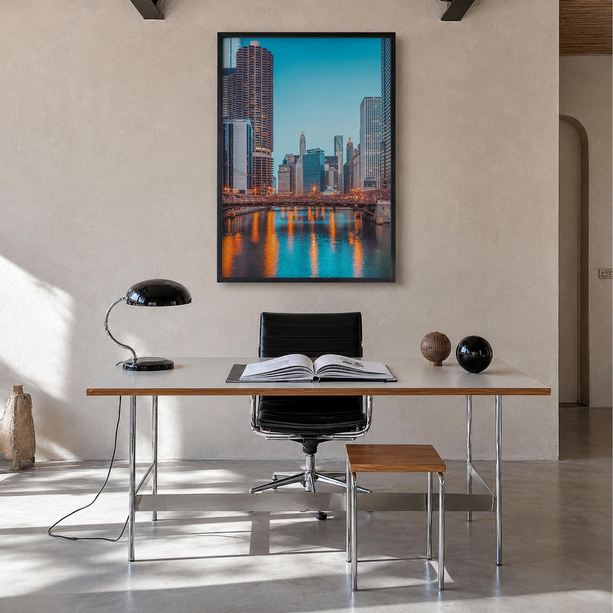 Chicago no. 2 colorful photo poster of Illinois, USA – vertical wall art in black wood frame, hanging on wall