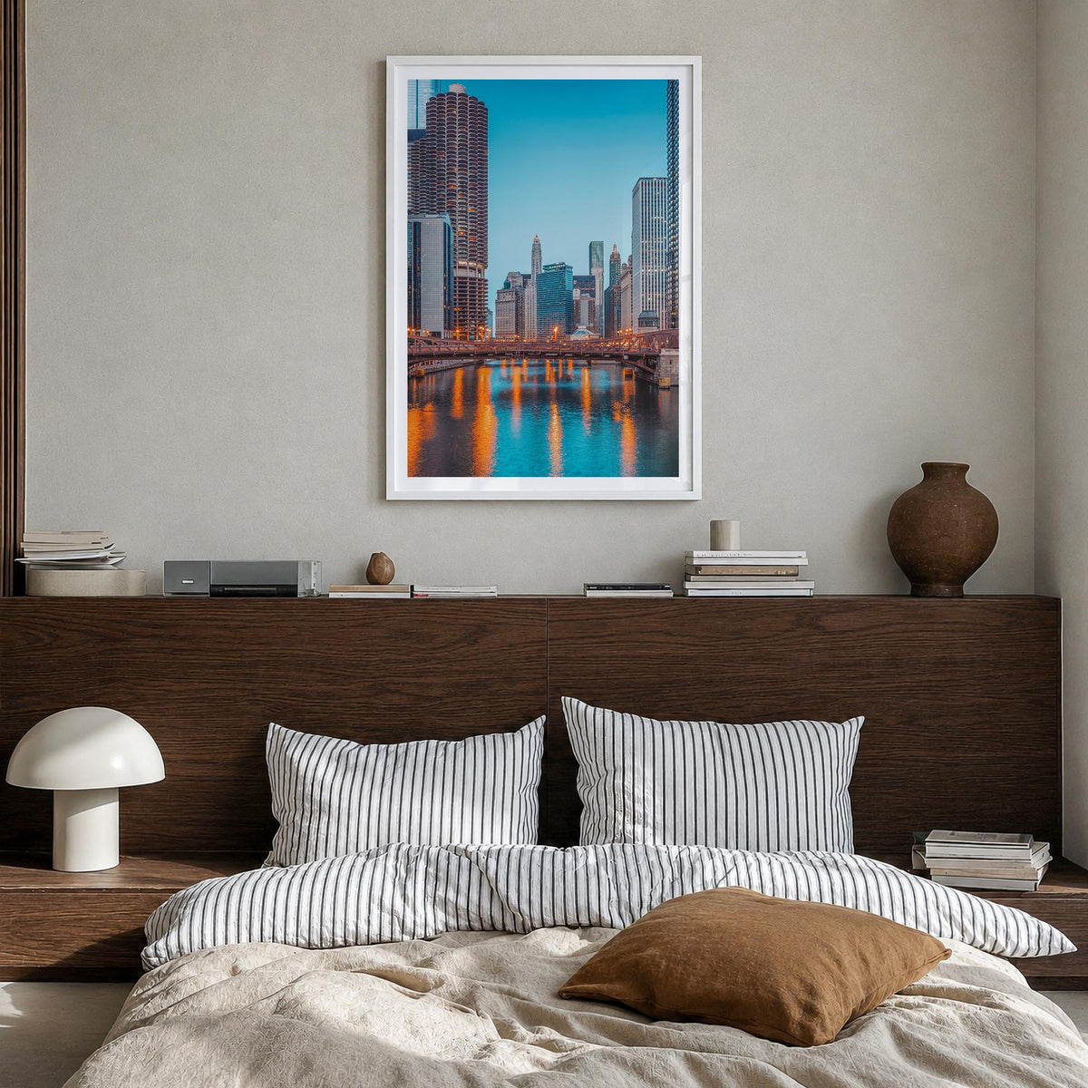 Chicago no. 2 colorful photo poster of Illinois, USA – vertical wall art in white wood frame with white border, hanging on wa