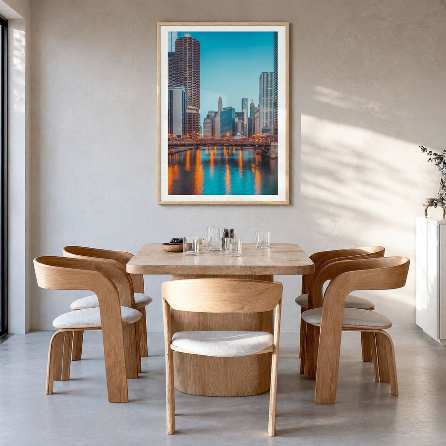 Chicago Photo No 2 Poster in a natural wood frame, hanging in a dining room, white border