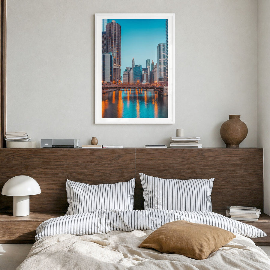Chicago Photo No 2 Poster in a white wood frame, hanging in a bedroom, white border