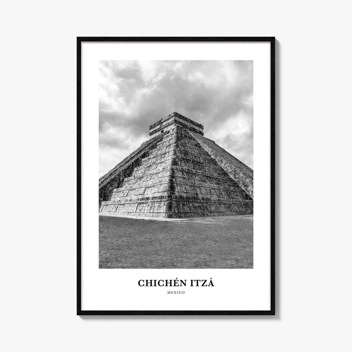 Chichén Itzá black & white classic poster of Mexico – vertical wall art, unframed print shown in interior mockup