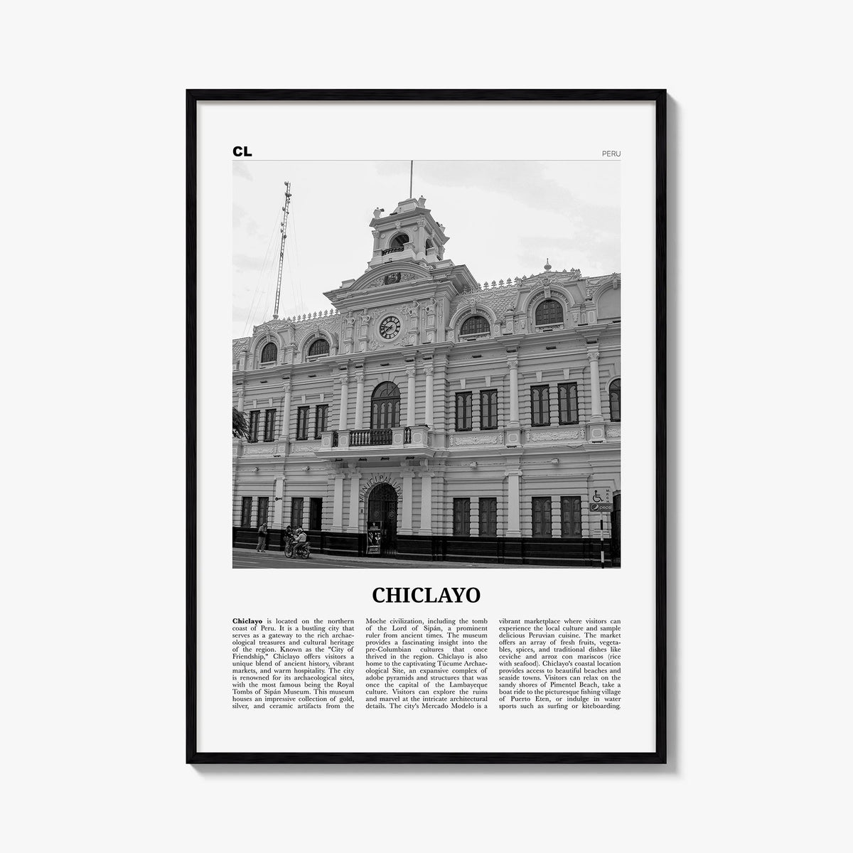 Chiclayo black & white newspaper poster of Peru – vertical wall art, unframed print shown in interior mockup