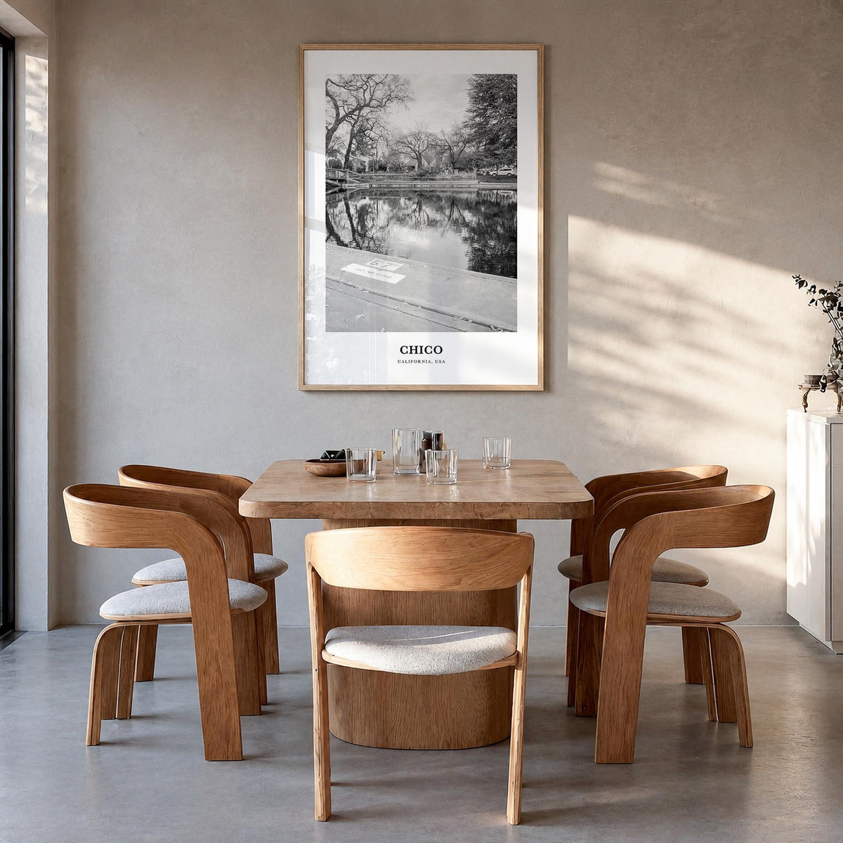 Chico black & white classic poster of California, USA – vertical wall art in natural wood frame, hanging on wall