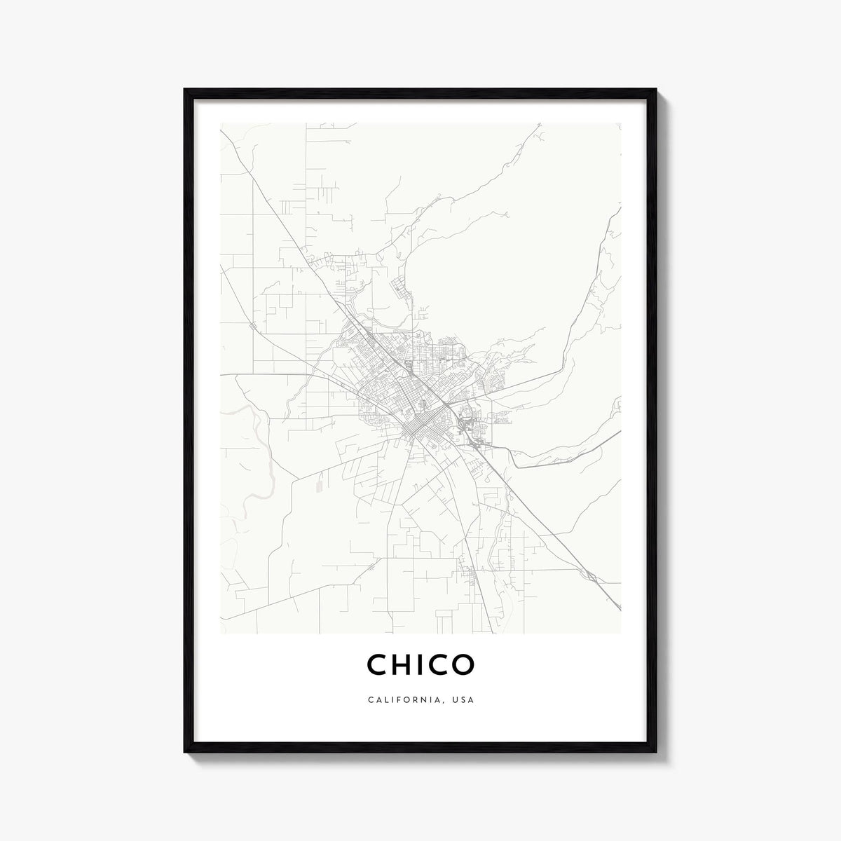 Chico black & white map poster of California, USA – vertical wall art, unframed print shown in interior mockup
