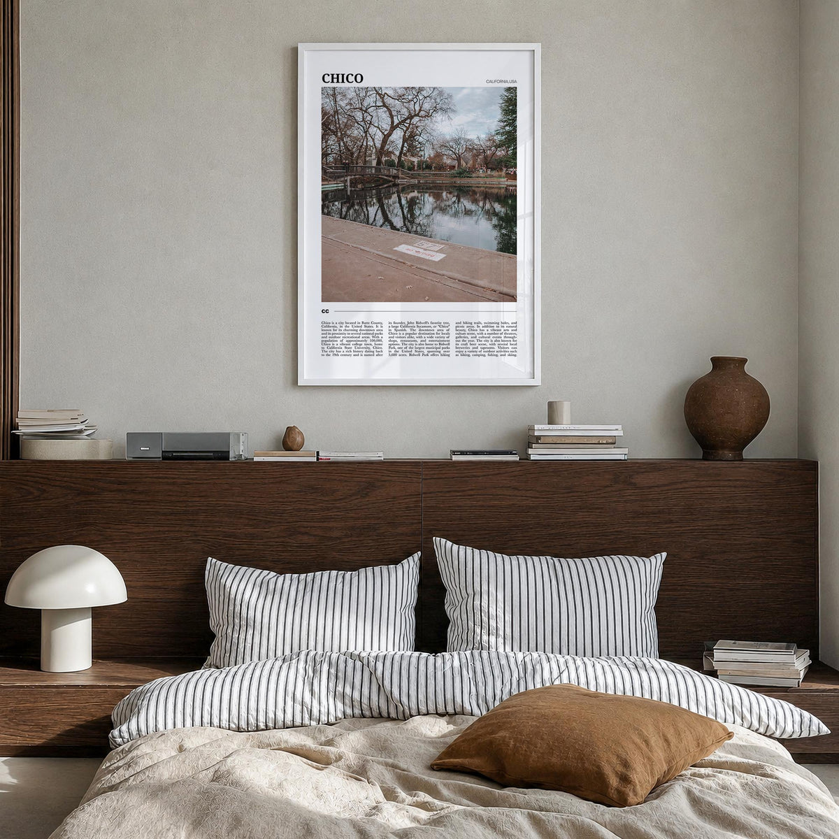 Chico colorful travel poster of California, USA – vertical wall art in white wood frame, hanging on wall