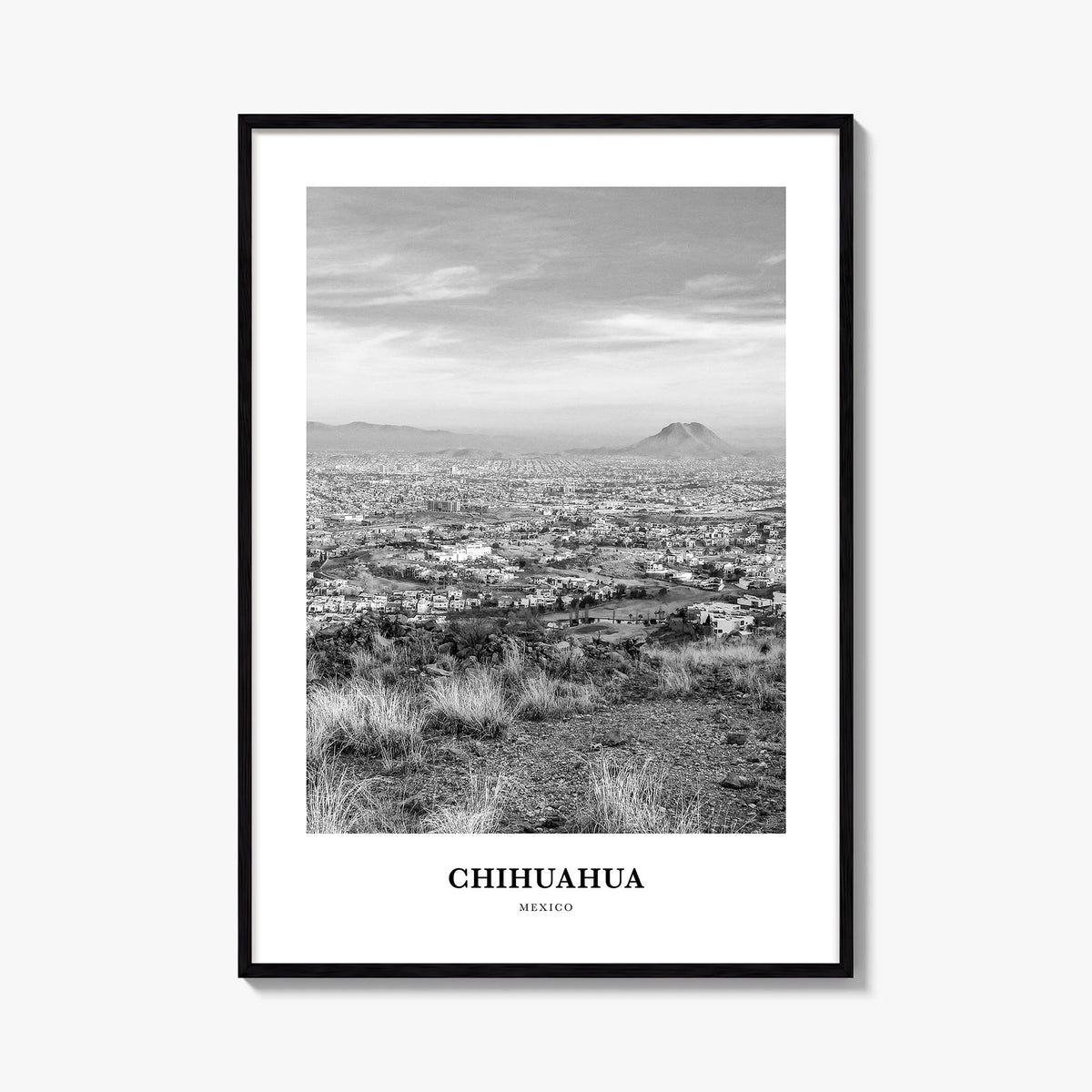 Chihuahua black & white classic poster of Mexico – vertical wall art, unframed print shown in interior mockup