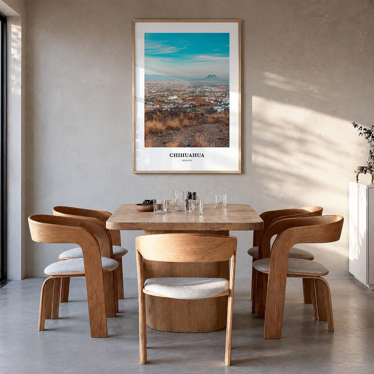 Chihuahua colorful classic poster of Mexico – vertical wall art in natural wood frame, hanging on wall