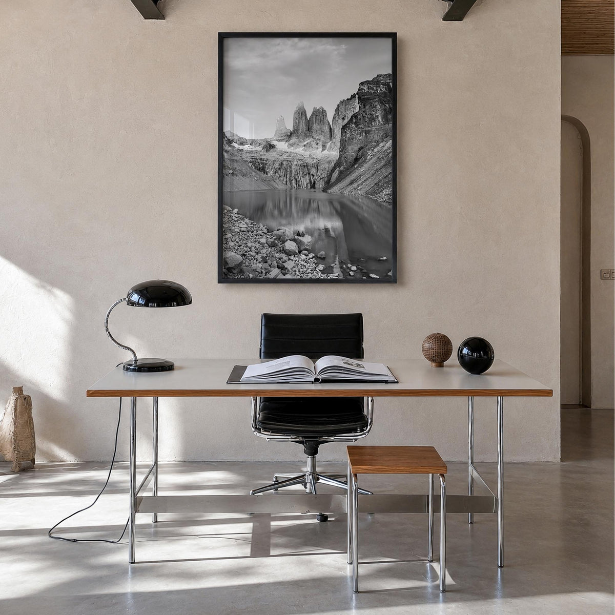 Chile black & white photo poster of South America – vertical wall art in black wood frame, hanging on wall