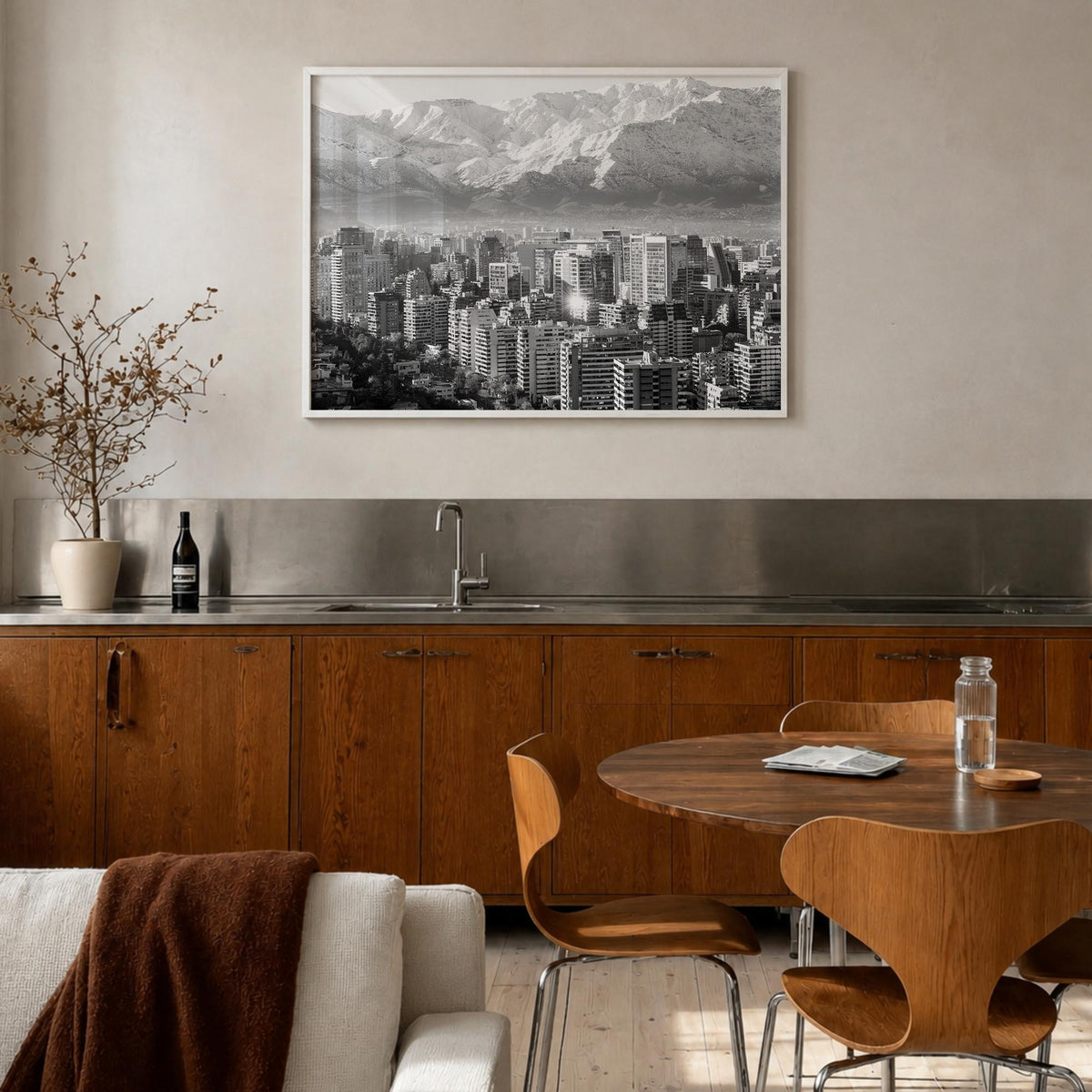 Chile black & white photo poster of South America – horizontal wall art in white wood frame, hanging on wall