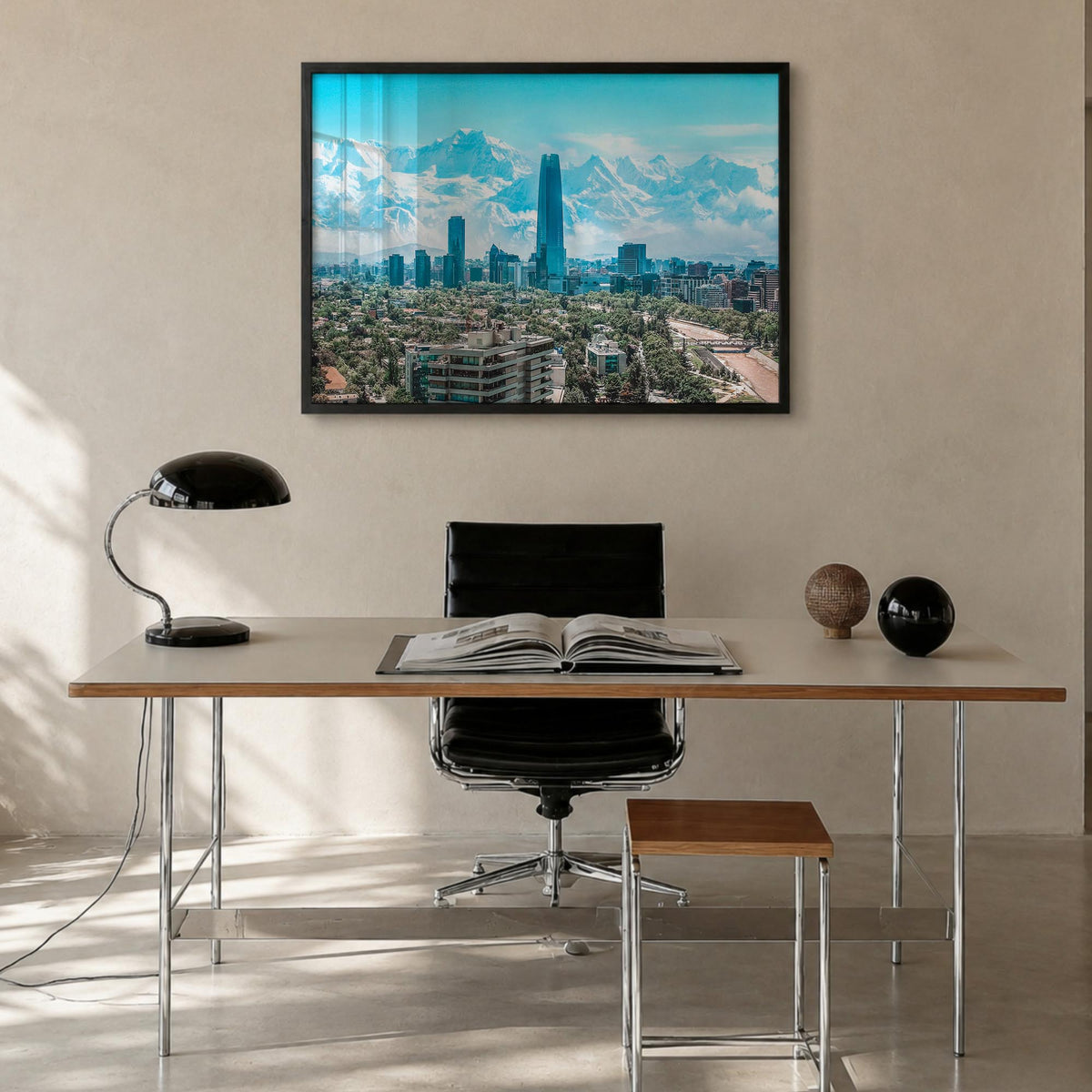 Chile colorful photo poster of South America – horizontal wall art in black wood frame, hanging on wall