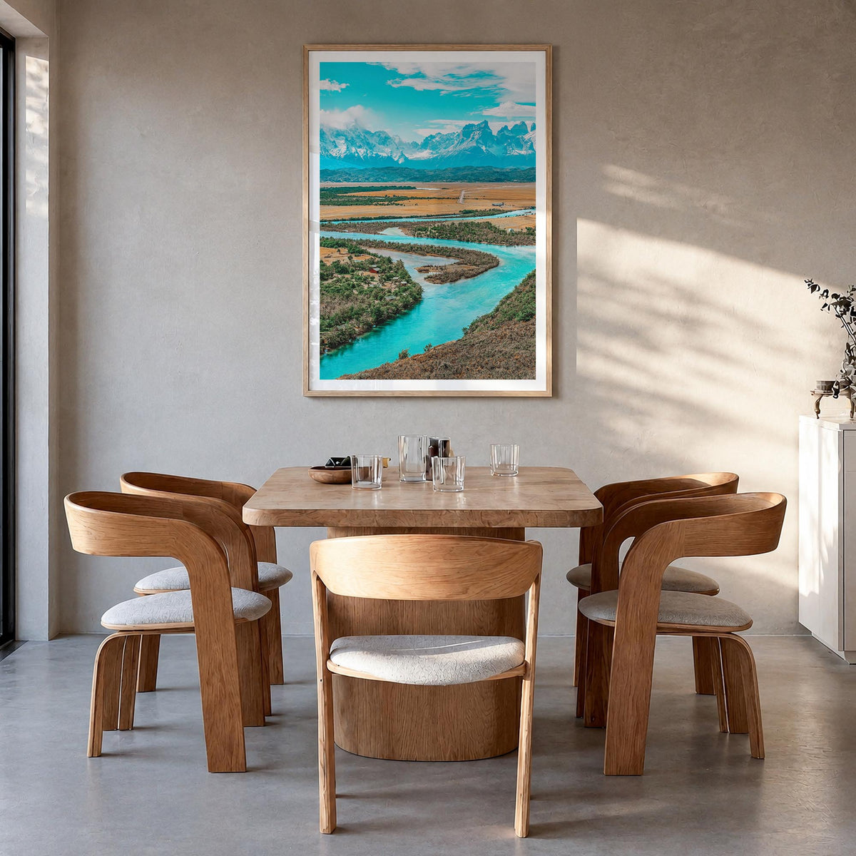 Chile colorful photo poster of South America – vertical wall art in natural wood frame with white border, hanging on wall