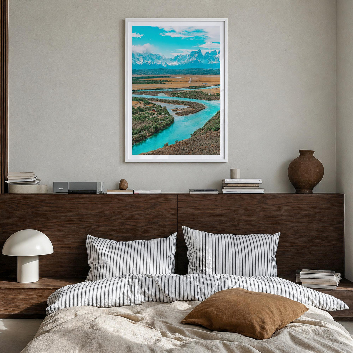 Chile colorful photo poster of South America – vertical wall art in white wood frame with white border, hanging on wall
