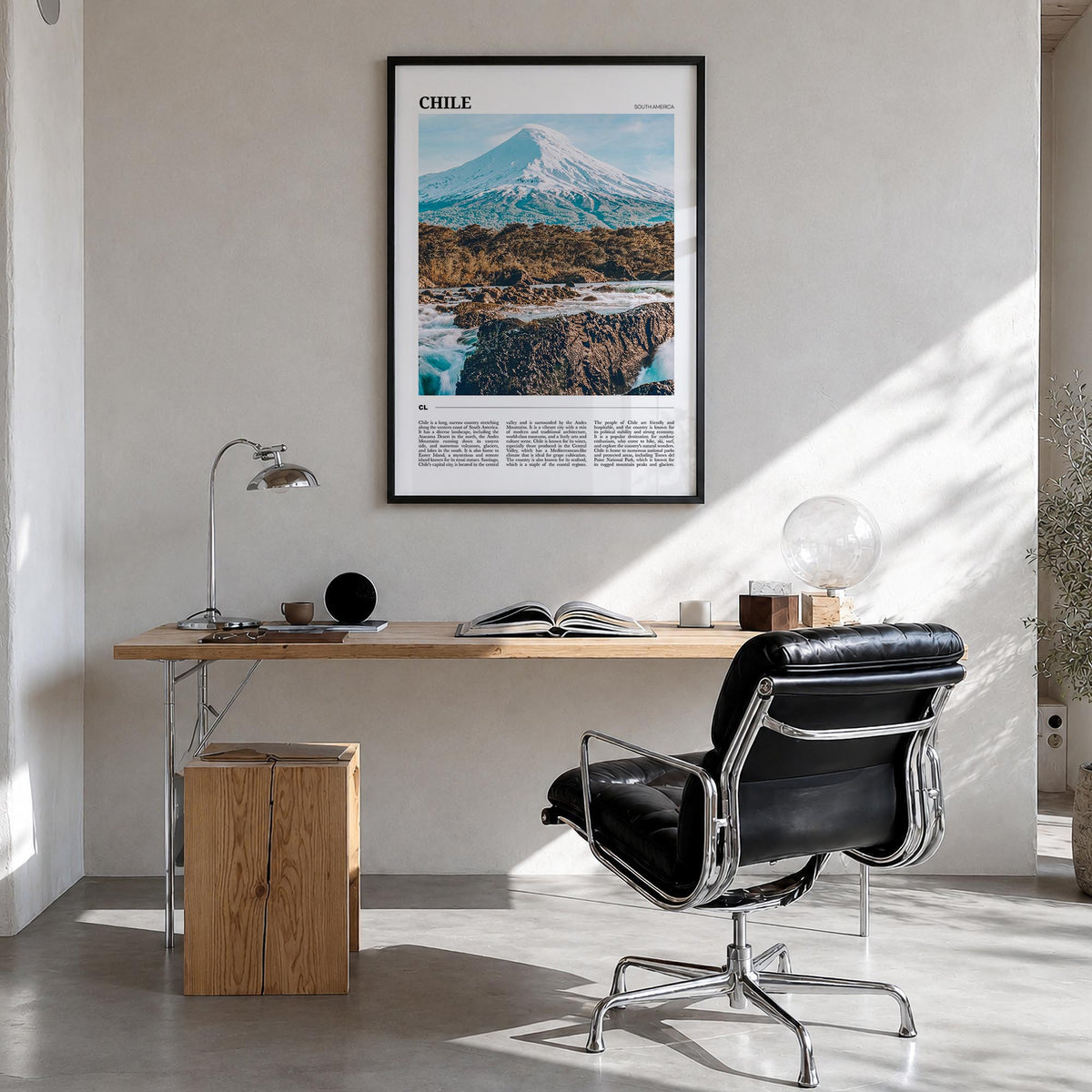 Chile colorful travel poster of South America – vertical wall art in black wood frame, hanging on wall