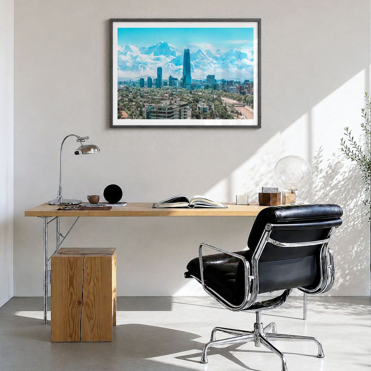 Chile Photo Poster in a black wood frame, hanging in a bright home office, white border