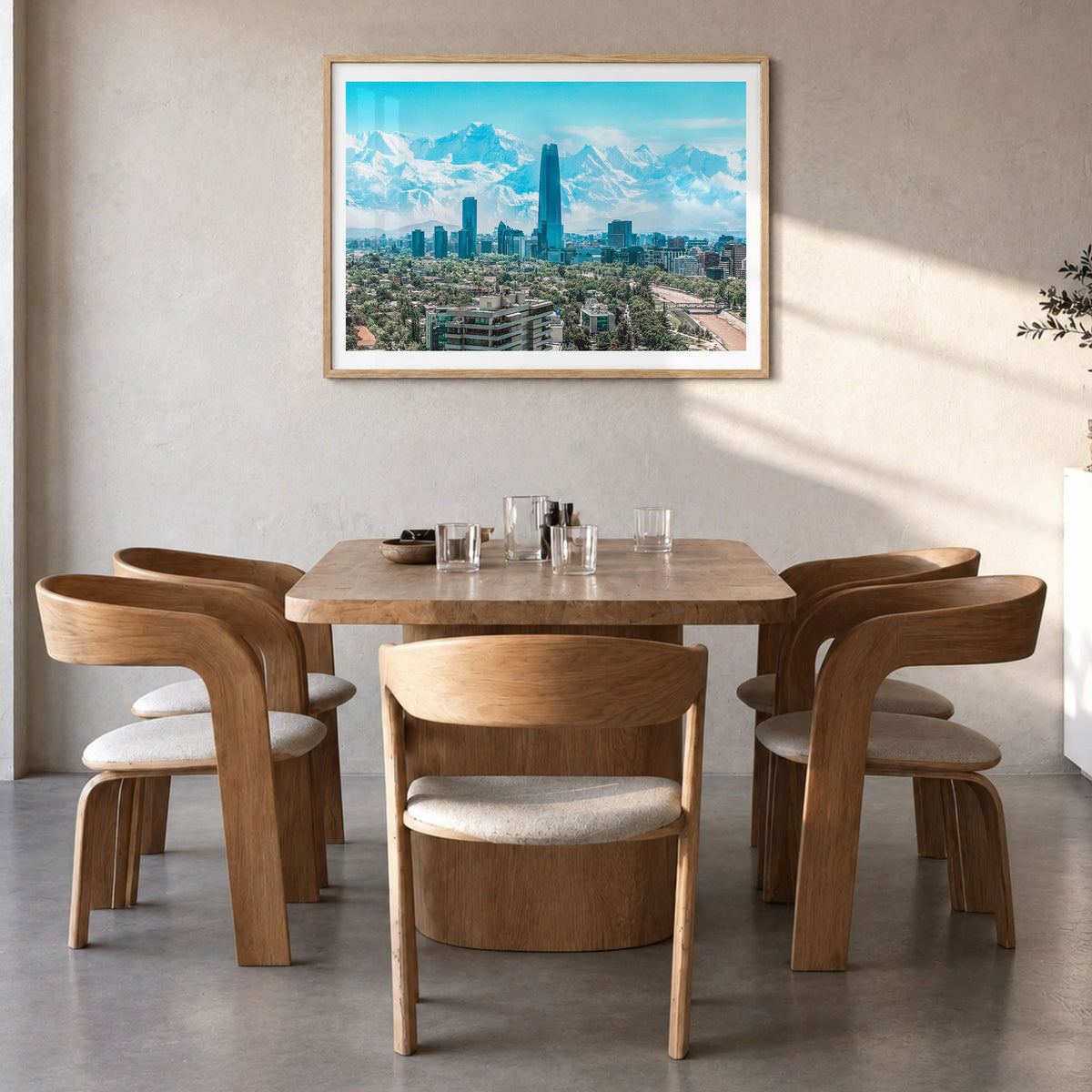 Chile Photo Poster in a natural wood frame, hanging in a dining room, white border