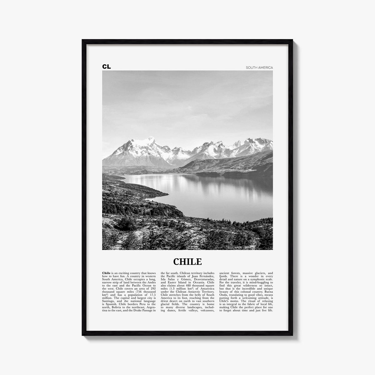 Chile no. 1 black & white newspaper poster of South America – vertical wall art, unframed print shown in interior mockup