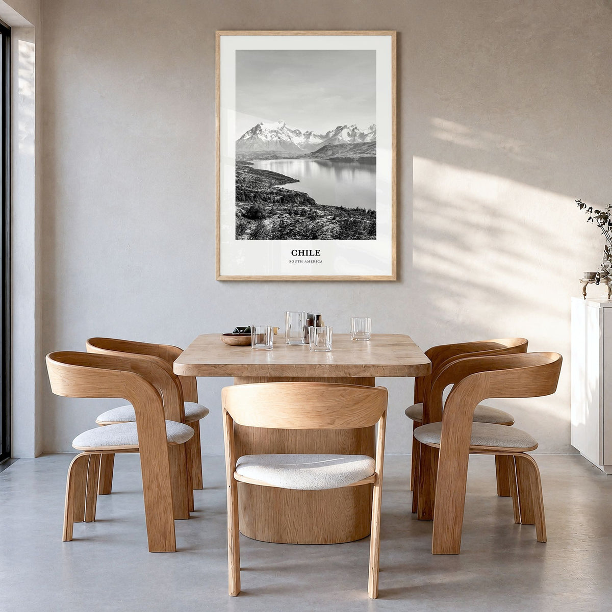 Chile Classic No 1 Poster in a natural wood frame, hanging in a dining room