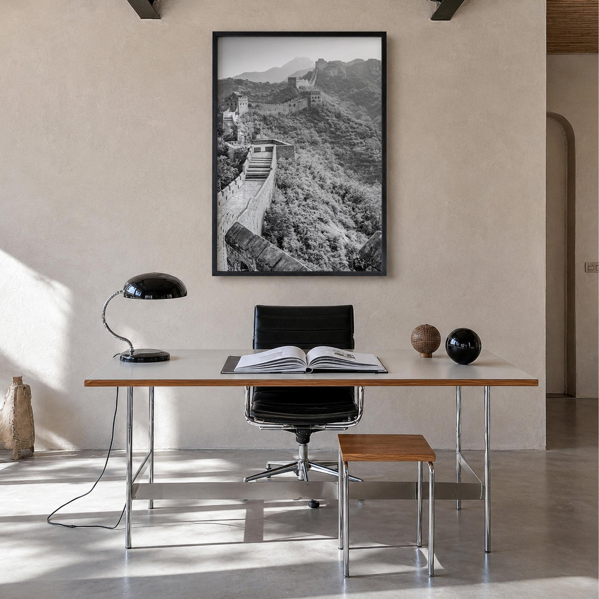 China black & white photo poster of Asia – vertical wall art in black wood frame, hanging on wall
