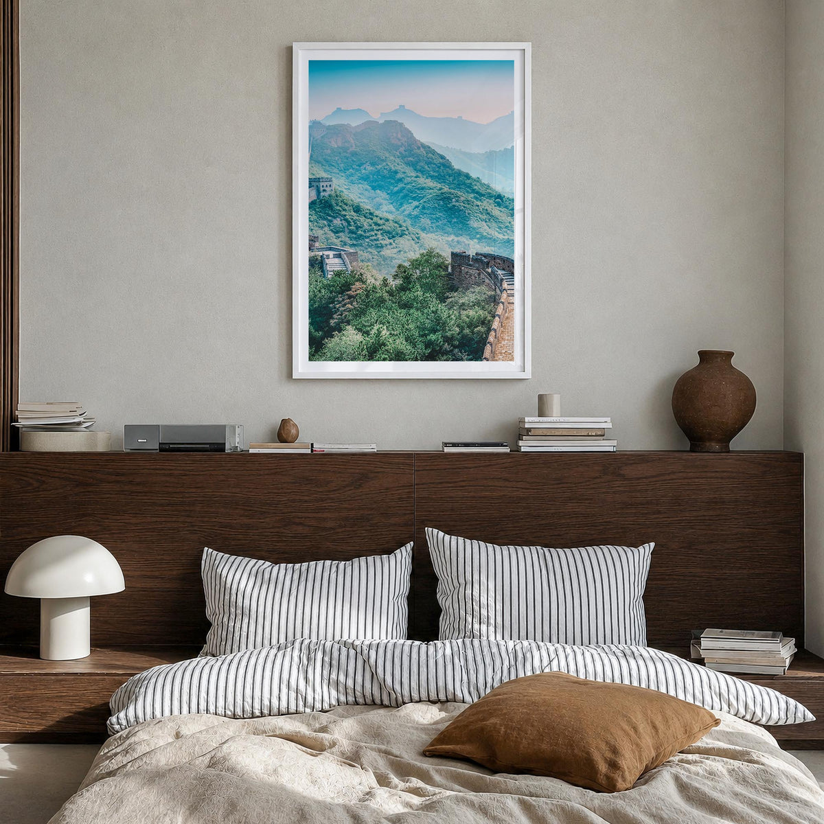 China colorful photo poster of Asia – vertical wall art in white wood frame with white border, hanging on wall